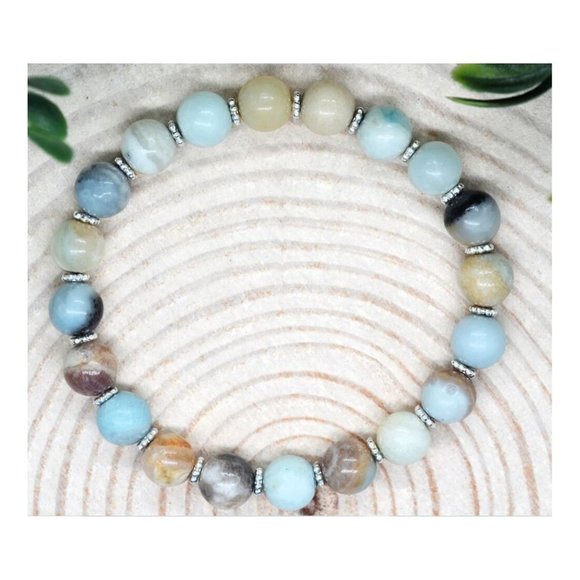 10mm Natural Amazonite Jasper with Daisy Spacer Stretch Bracelet - Picture 3 of 7